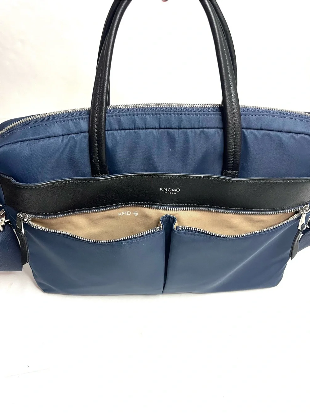 KNOMO London Hanover 14” Slim Briefcase in Navy Nylon w/Black Leather Trim